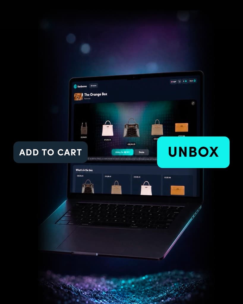 Laptop showing the Fanboxes unbox experience with Add to Cart and Unbox buttons