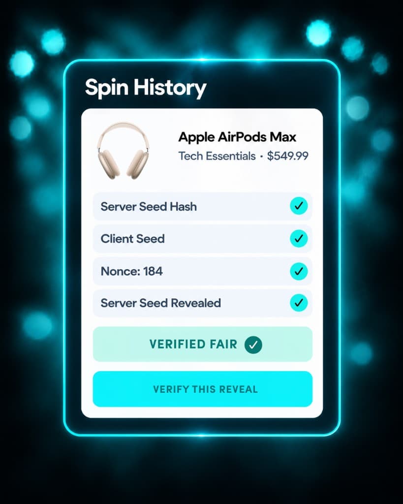 Spin History card showing a verified fair Apple AirPods Max reveal