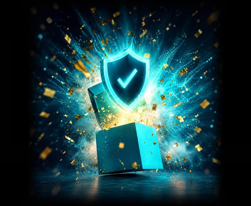 Glowing shield checkmark emerging from an open Fanboxes box, representing verified fair results