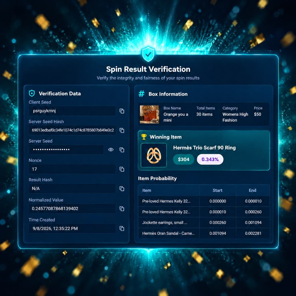 Example unbox result verification screen showing seeds, hashes, winning item, and probability ranges