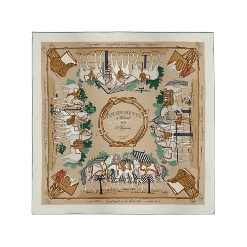 Hermès Equipements a Cheval sur l'EleganceScarf 70 - Beige Doré / Crème / Vert