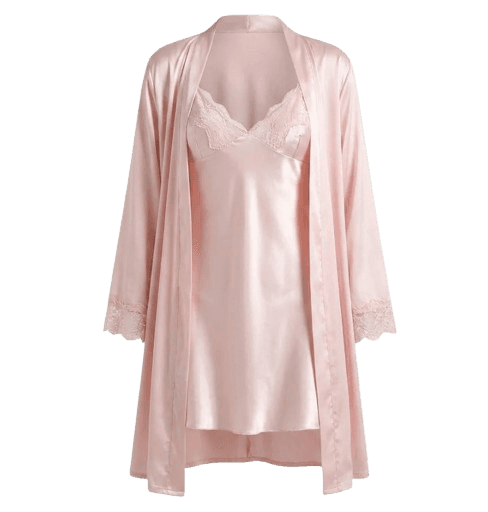 Marelia Satin Lace Trim Chemise and Robe Set - Pink