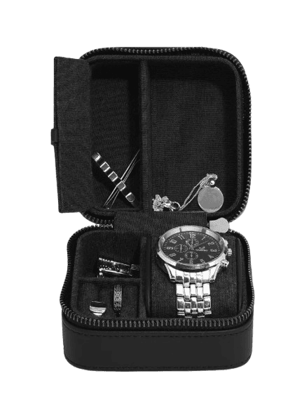 Stackers Canvas Watch & Jewellery Box - Black Fluted