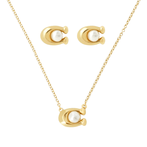 Coach Timeless Sets Yellow Gold Tone Pearl Necklace and Earrings Set