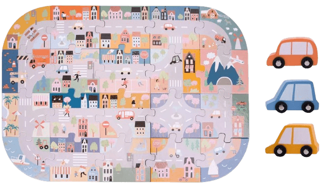 Chad Valley City Road Jigsaw Puzzle with 3 Cars