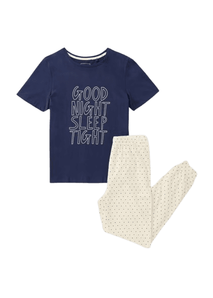 Matalan Navy Slogan Cuffed Pyjama Set