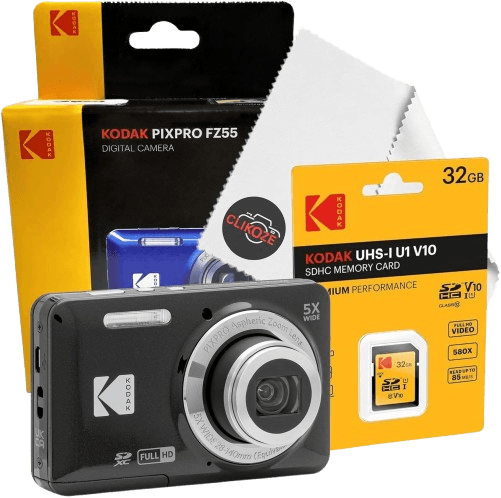 Kodak Pixpro FZ55 Compact Digital Camera, 32gb SD Card, and Clikoze Cleaning Cloth