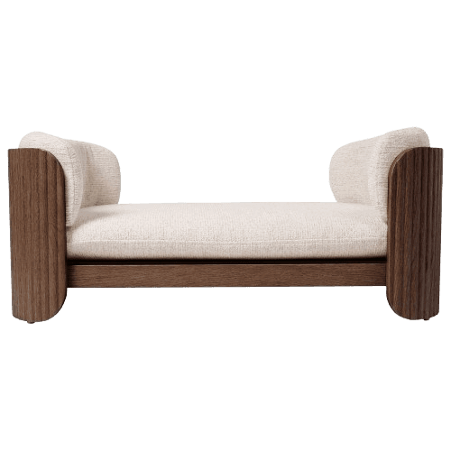 Large Beige Fabric Pet Bed with Walnut Ribbed Sides