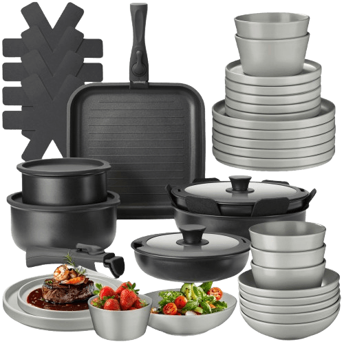Tectake 41 Piece Grey and Black Cookware and Tableware Kitchen Starter Set