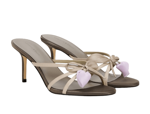 CHARLES & KEITH Bow Flower-Pearl Heeled Mules - Dark Brown Textured