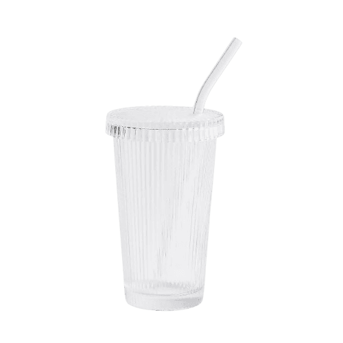 Ribbed Clear Glass Iced Coffee Tumbler with Straw