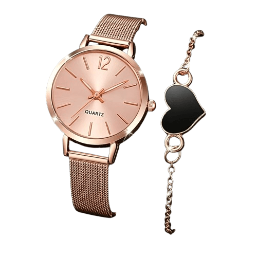 Stylish Elegant Quartz Watch + Heart Pendant Bracelet