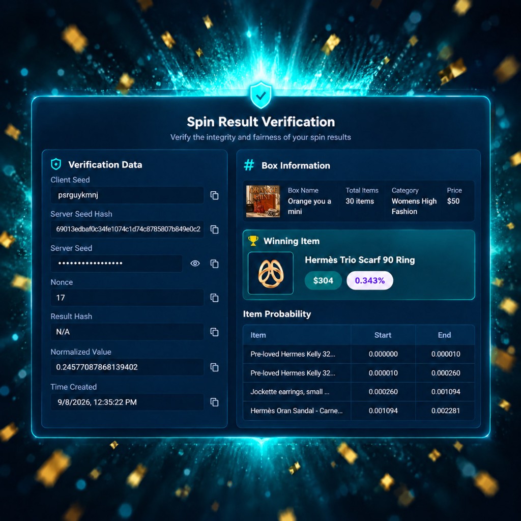 Example unbox result verification screen showing seeds, hashes, winning item, and probability ranges